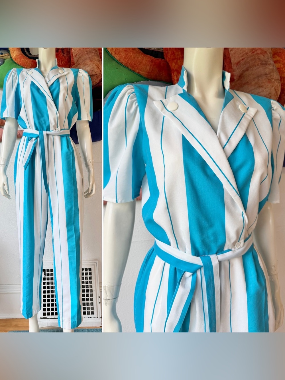 Vintage 1980s STRIPED JUMPSUIT Puffed Sleeve Turquoise Blue & White Romper 1970s